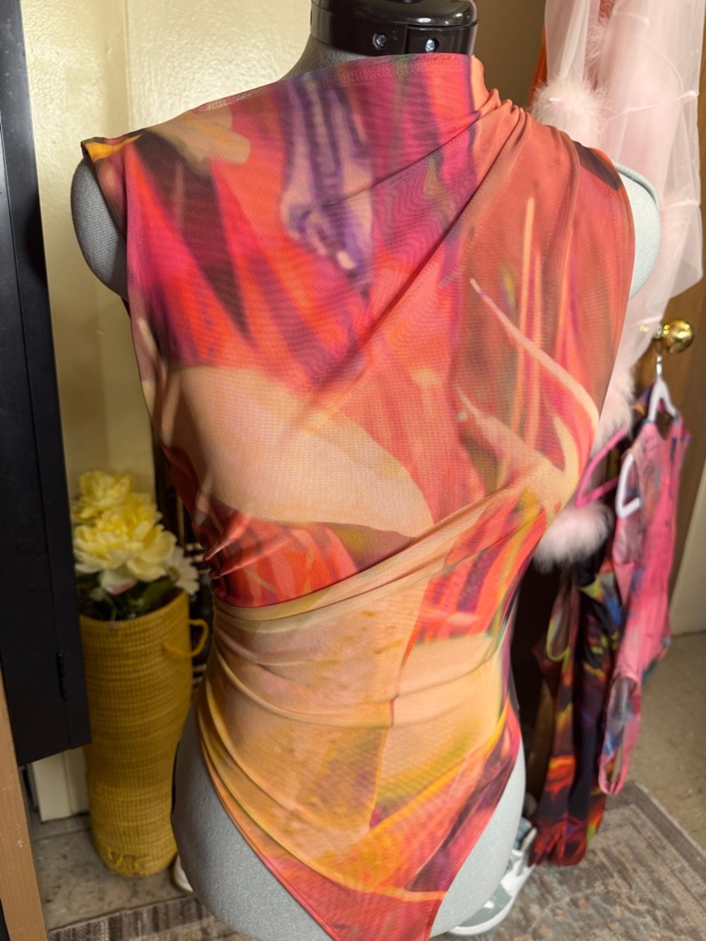 Zara Pink Orange Mesh Bodysuit with Abstract Print